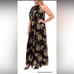 MSK Women's Size 6 Metallic-Print Pleated Blouson Gown Dress Black Gold Size 12
